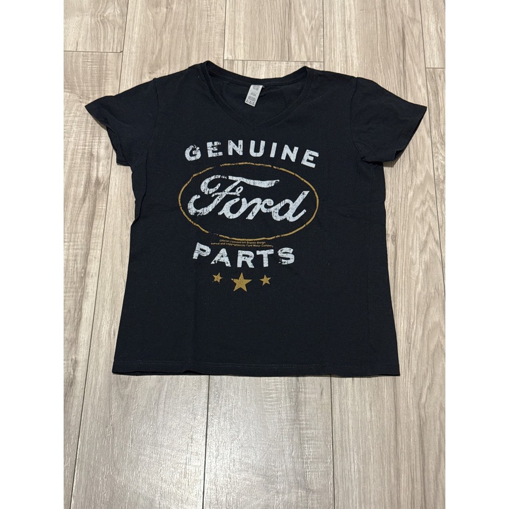Ford Genuine Parts Graphic T-Shirt Black V-Neck Cotton Short Sleeve WomensMedium
